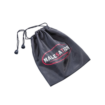 The Malesation Rimming Hero includes a black pouch displaying Malesation in white with a red outline, perfect for body-safe silicone items. The pouch features black drawstrings with plastic ends.