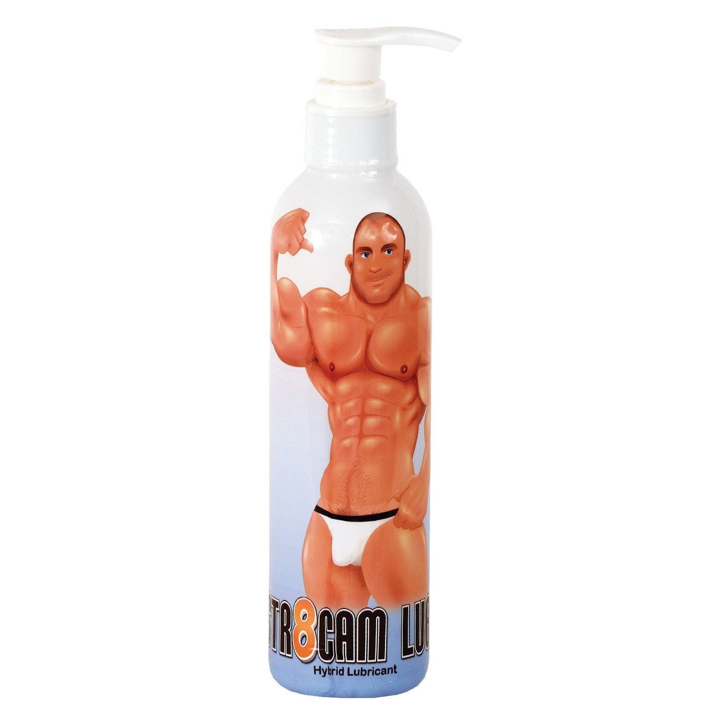 The STR8cam Hybrid Lubricant by Spunk Lube is a hybrid lubricant perfect for anal sex, showcasing a cartoon muscular man in white briefs flexing his bicep on the label.