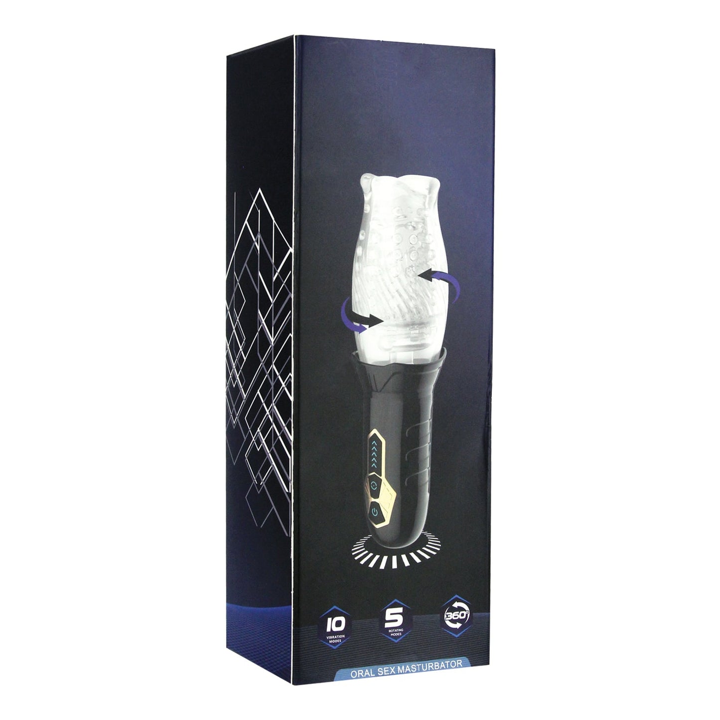 The Male Rose Cyclone Spinning Masturbator by Secwell is packaged with a transparent sleeve and ergonomic grip, featuring geometric patterns and bold text highlighting its use as both an ejaculation and delay training tool.