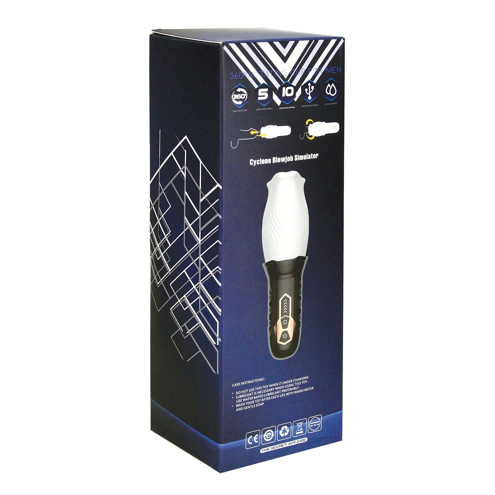 The Secwell Male Rose Cyclone Spinning Masturbators box showcases a sleek blue and white geometric design with icons indicating its waterproof feature, USB rechargeability, and 10 modes for an innovative experience.