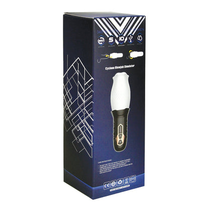 The Secwell Male Rose Cyclone Spinning Masturbators box showcases a sleek blue and white geometric design with icons indicating its waterproof feature, USB rechargeability, and 10 modes for an innovative experience.