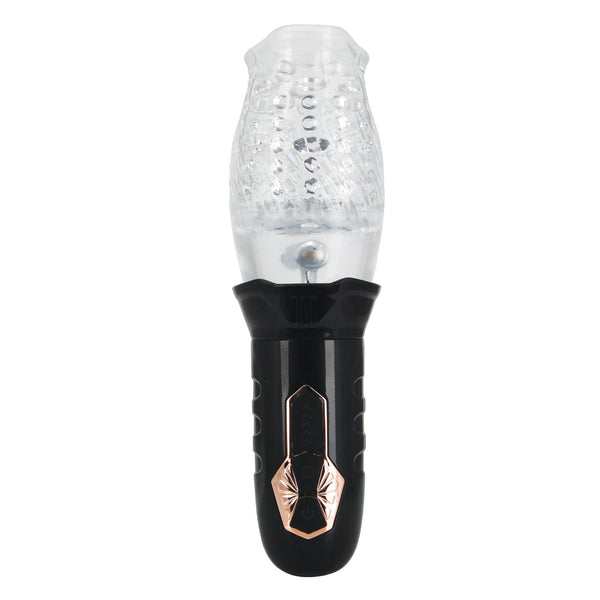 Male Rose Cyclone rotating blowjob masturbator, clear nubbed sleeve with lips at the top on a black handle with a rose-gold button panel