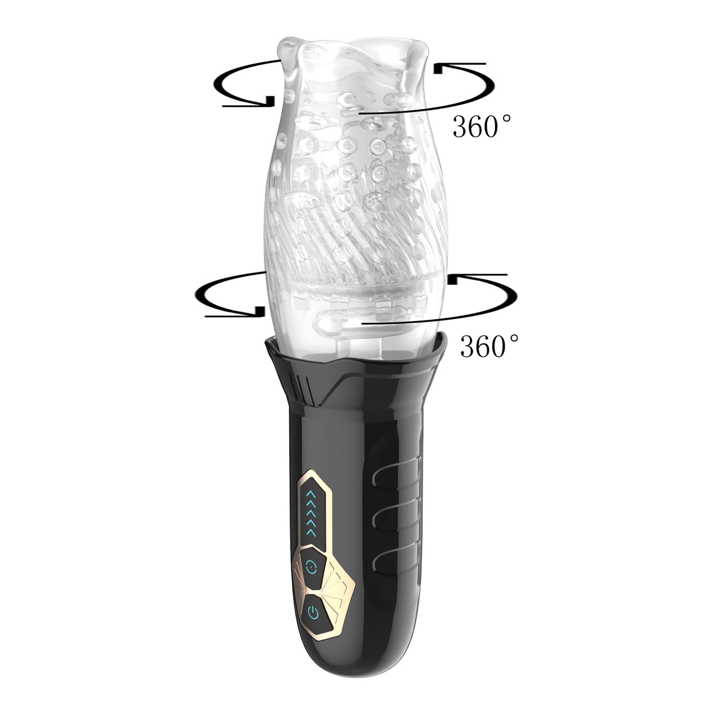 The Secwell Male Rose Cyclone Spinning Masturbator is a black and transparent cylindrical device for ejaculation and delay training. It includes arrow indicators for 360-degree rotation, buttons on the handle, and a transparent top that reveals textured interior details.