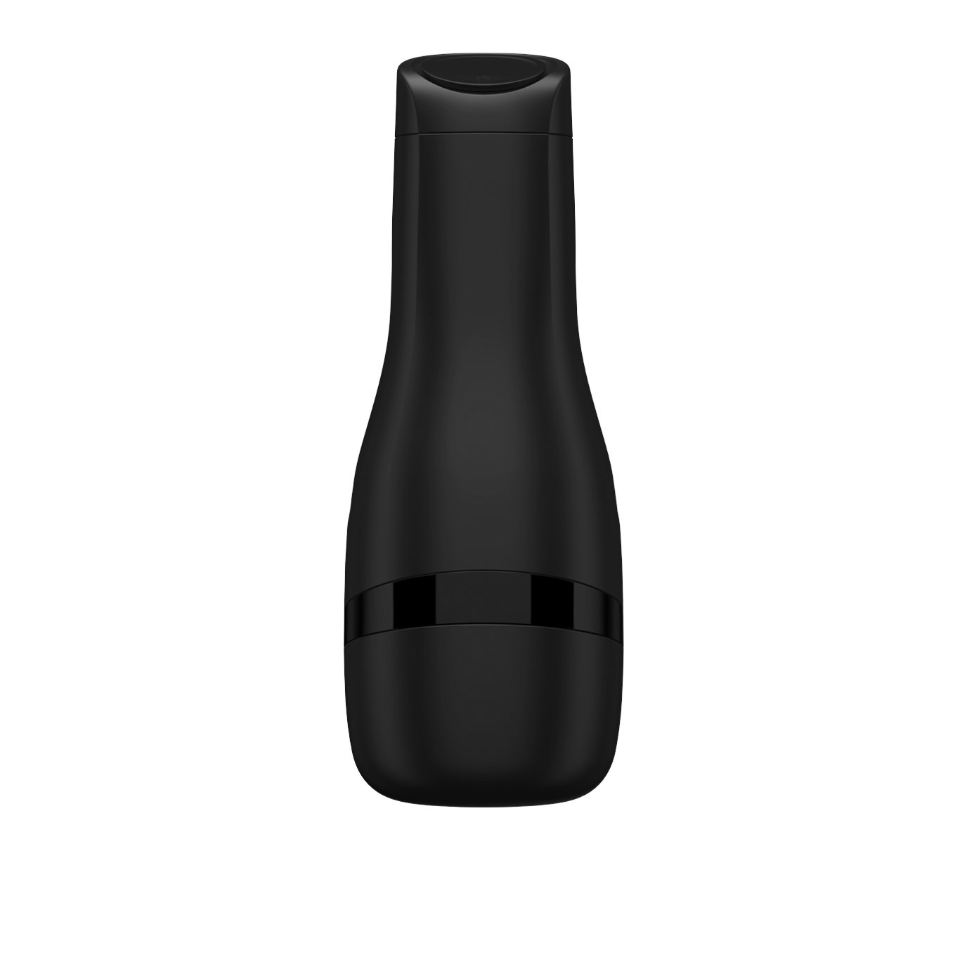 The Satisfyer Men Classic by Satisfyer, a sleek black male masturbator with a modern design and rounded cap, stands against a grey background.