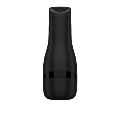 The Satisfyer Men Classic by Satisfyer, a sleek black male masturbator with a modern design and rounded cap, stands against a grey background.