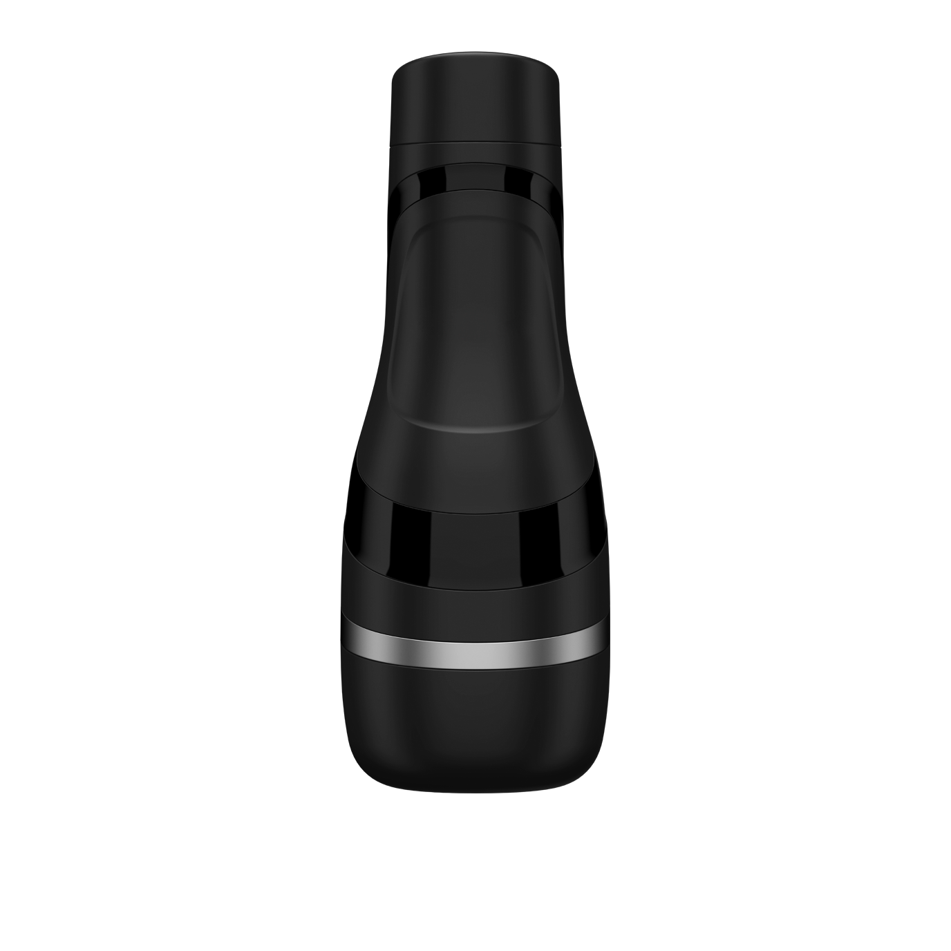 The Satisfyer Men Classic by Satisfyer features a modern design with its sleek black bottle and a silver band near the base, standing out against a white background.