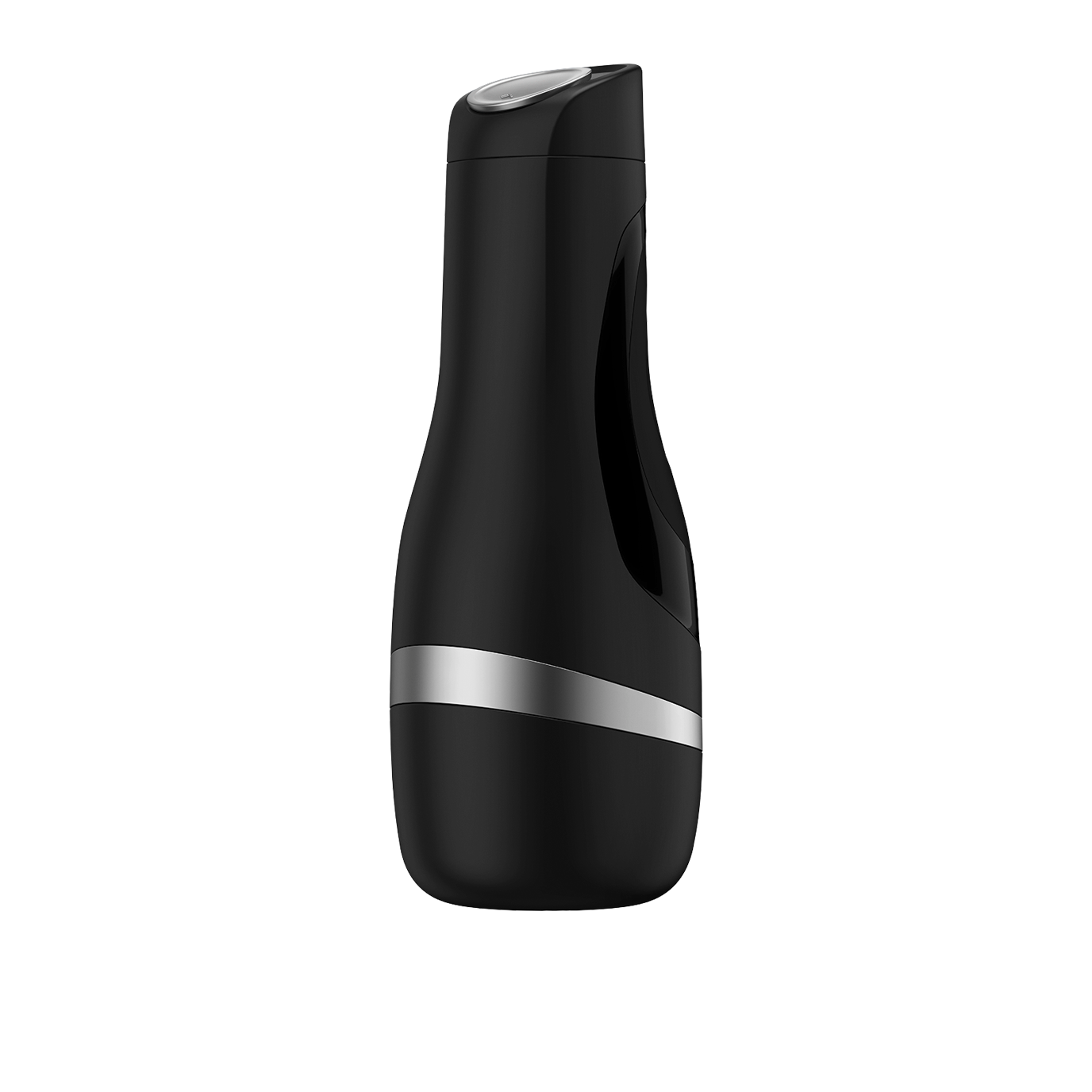 The Satisfyer Men Classic by Satisfyer boasts a sleek black design with a silver stripe, resembling an innovative male masturbator, and features an ergonomic cap.