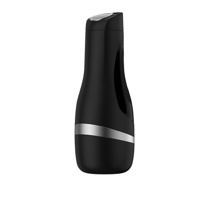 The Satisfyer Men Classic by Satisfyer boasts a sleek black design with a silver stripe, resembling an innovative male masturbator, and features an ergonomic cap.