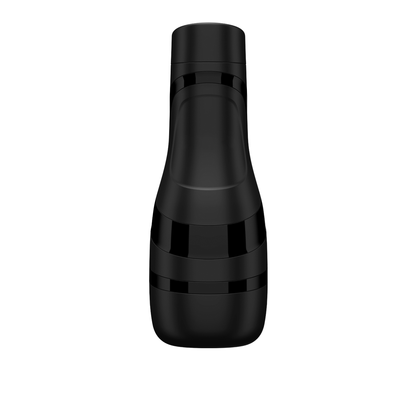 A sleek black bottle with a modern design, the Satisfyer Men Classic by Satisfyer is depicted vertically in a smooth, glossy finish against a plain gray background, reminiscent of a male masturbator.