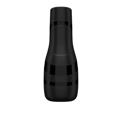 A sleek black bottle with a modern design, the Satisfyer Men Classic by Satisfyer is depicted vertically in a smooth, glossy finish against a plain gray background, reminiscent of a male masturbator.