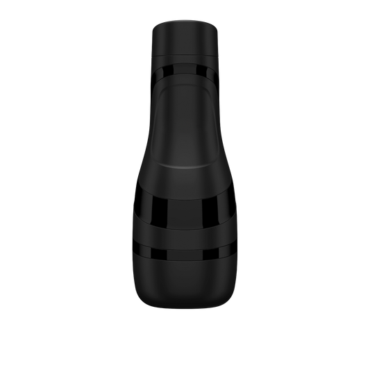 A sleek black bottle with a modern design, the Satisfyer Men Classic by Satisfyer is depicted vertically in a smooth, glossy finish against a plain gray background, reminiscent of a male masturbator.