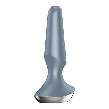 The Satisfyer Plug-ilicious 2, by Satisfyer, is a sleek, ergonomic grey and silver butt plug featuring a smooth design and shiny base. Perfect for app-controlled pleasures against a white backdrop.