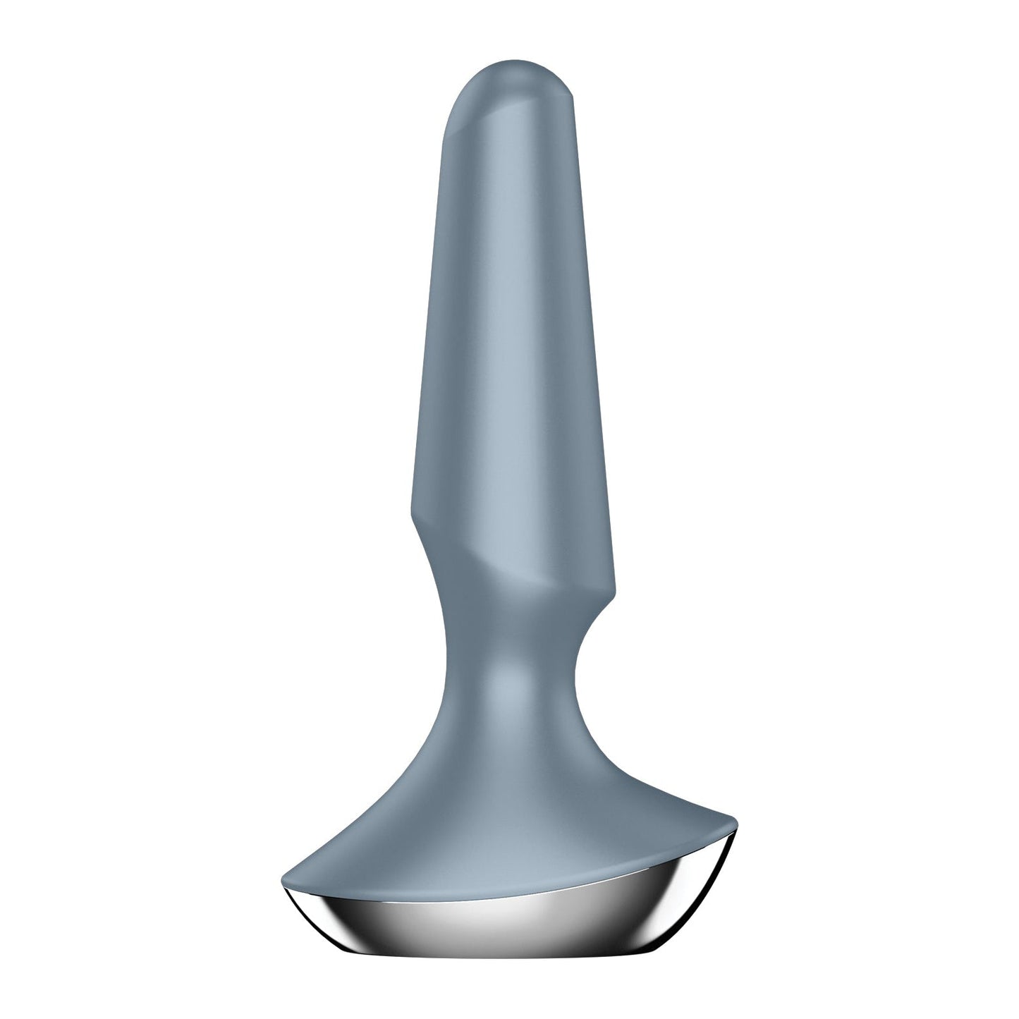The Satisfyer Plug-ilicious 2 by Satisfyer is an app-controlled blue and silver butt plug featuring a smooth, tapered design and a metallic base, set against a white background.
