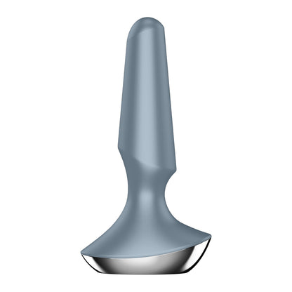 The Satisfyer Plug-ilicious 2 by Satisfyer is an app-controlled blue and silver butt plug featuring a smooth, tapered design and a metallic base, set against a white background.