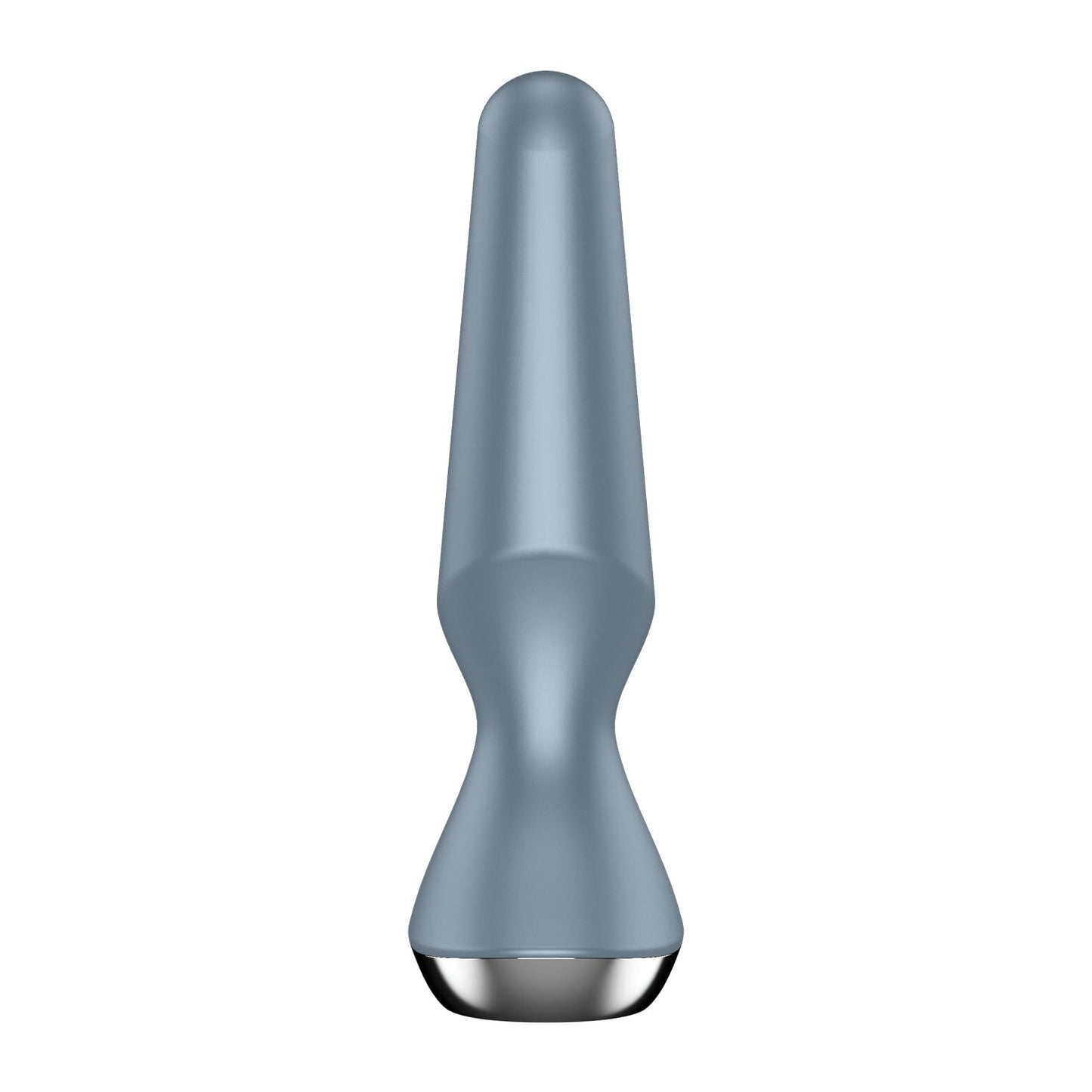 The Satisfyer Plug-ilicious 2, by Satisfyer, features an app-controlled design in metallic blue with a shiny silver base, resembling a modern butt plug. It is showcased upright on a white background.