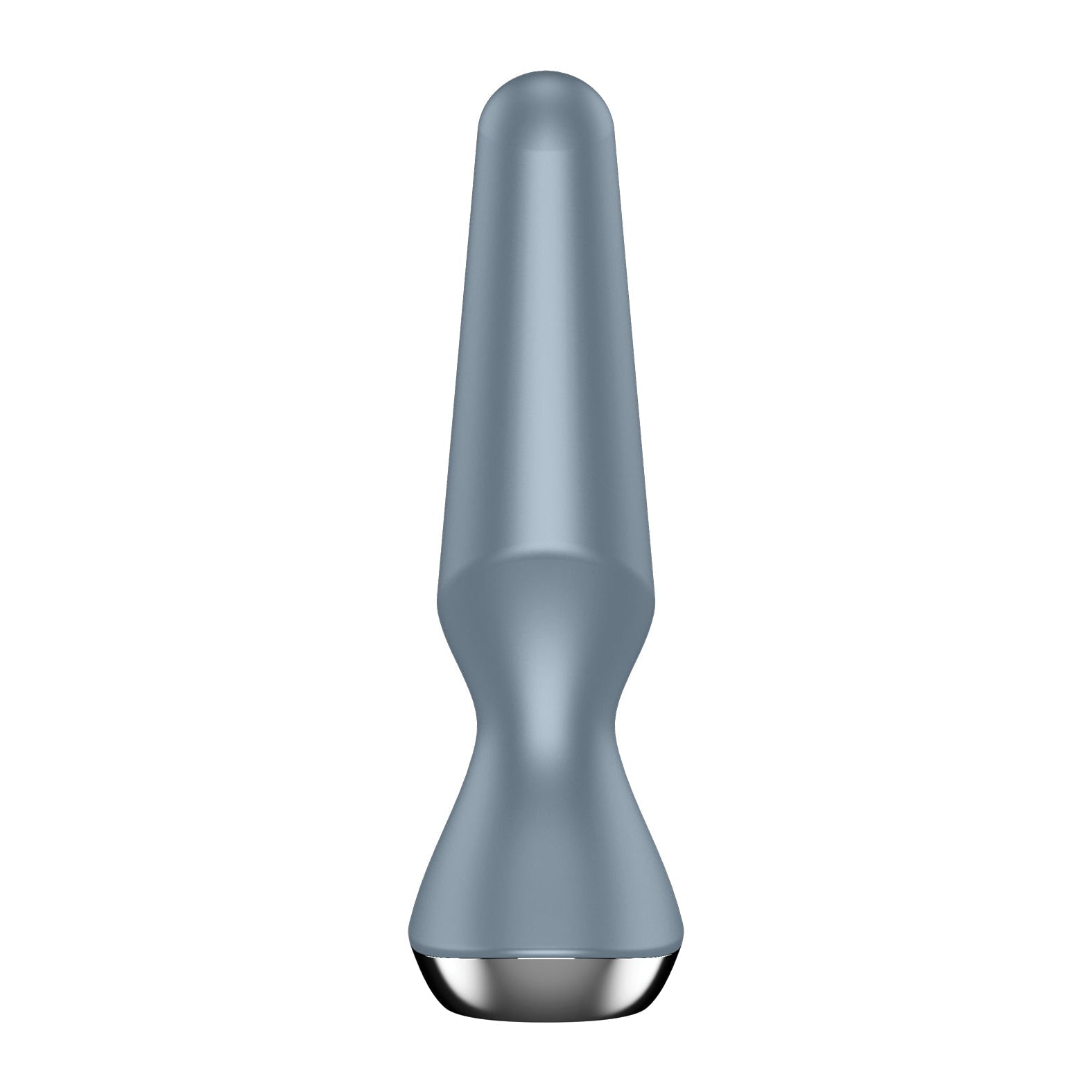 The Satisfyer Plug-ilicious 2, by Satisfyer, features an app-controlled design in metallic blue with a shiny silver base, resembling a modern butt plug. It is showcased upright on a white background.
