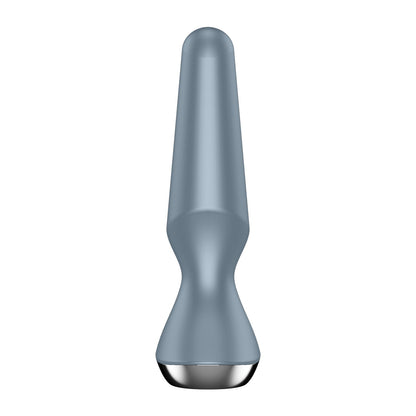 The Satisfyer Plug-ilicious 2, by Satisfyer, features an app-controlled design in metallic blue with a shiny silver base, resembling a modern butt plug. It is showcased upright on a white background.