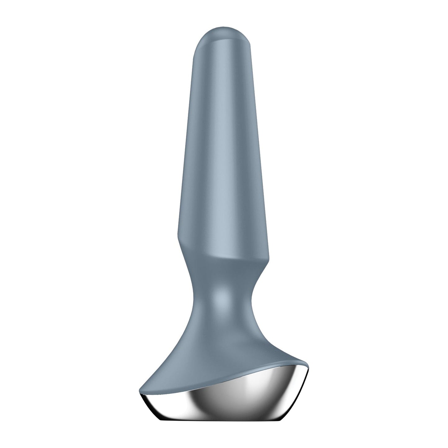 The Satisfyer Plug-ilicious 2 is a silvery-gray silicone butt plug, featuring a tapered shape with a smooth surface and rounded base. It stands upright against a white background and is app-controlled for an elevated sensory experience.