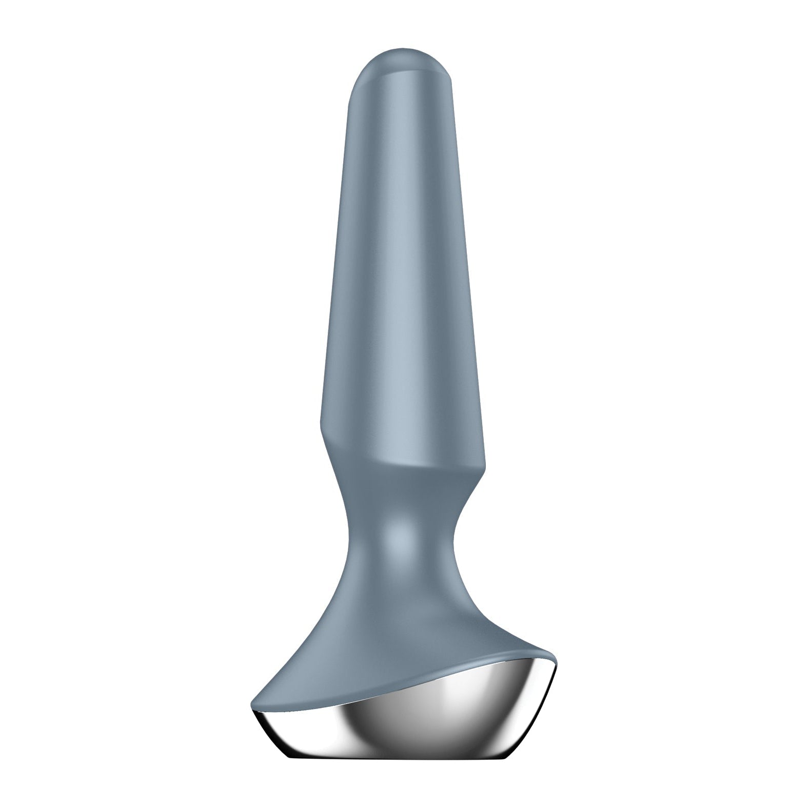 The Satisfyer Plug-ilicious 2 is a silvery-gray silicone butt plug, featuring a tapered shape with a smooth surface and rounded base. It stands upright against a white background and is app-controlled for an elevated sensory experience.