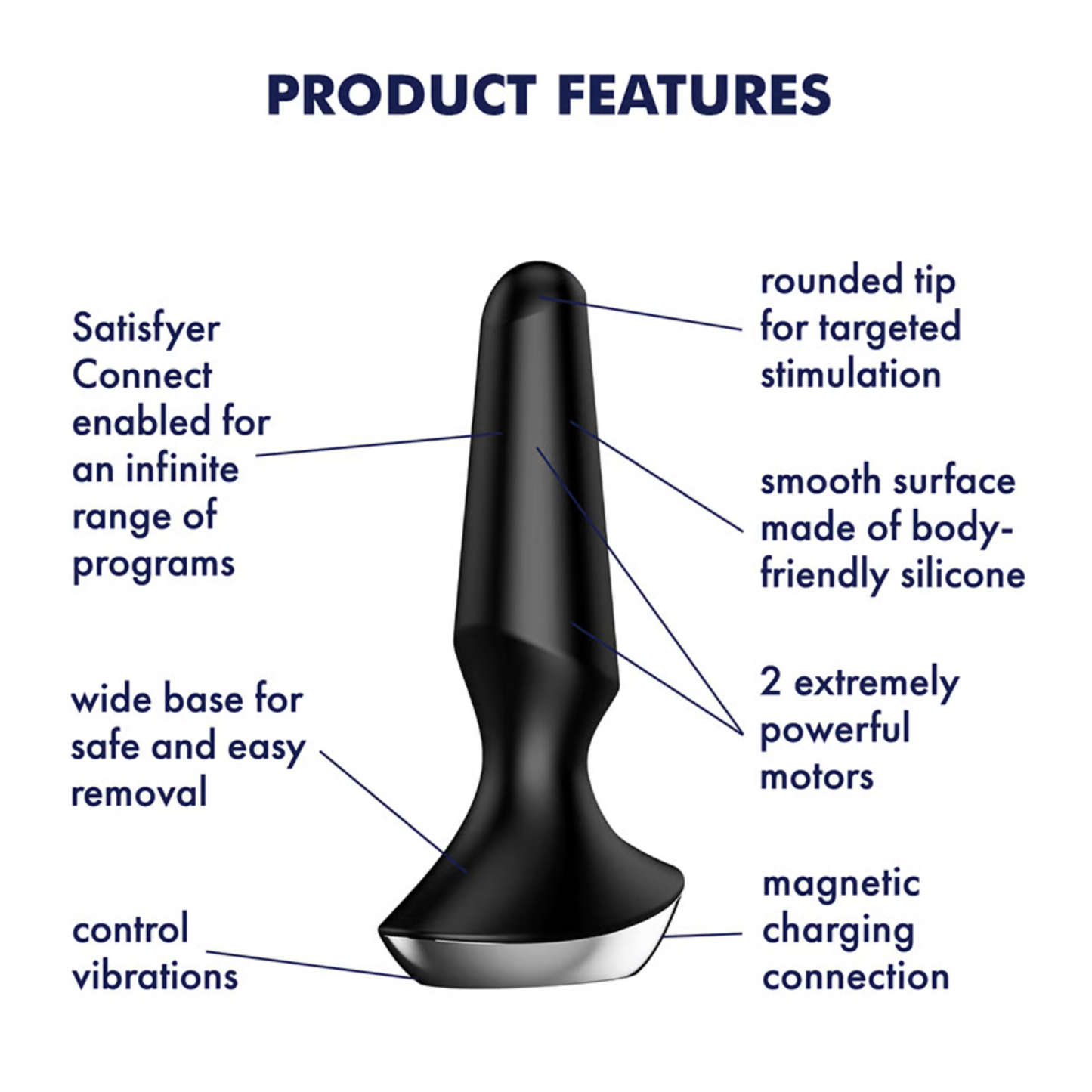 The Satisfyer Plug-ilicious 2 by Satisfyer is a sleek black silicone butt plug featuring a rounded tip and smooth surface. It has a wide base, dual powerful motors, app-controlled vibrations, and magnetic charging for diverse functionality.