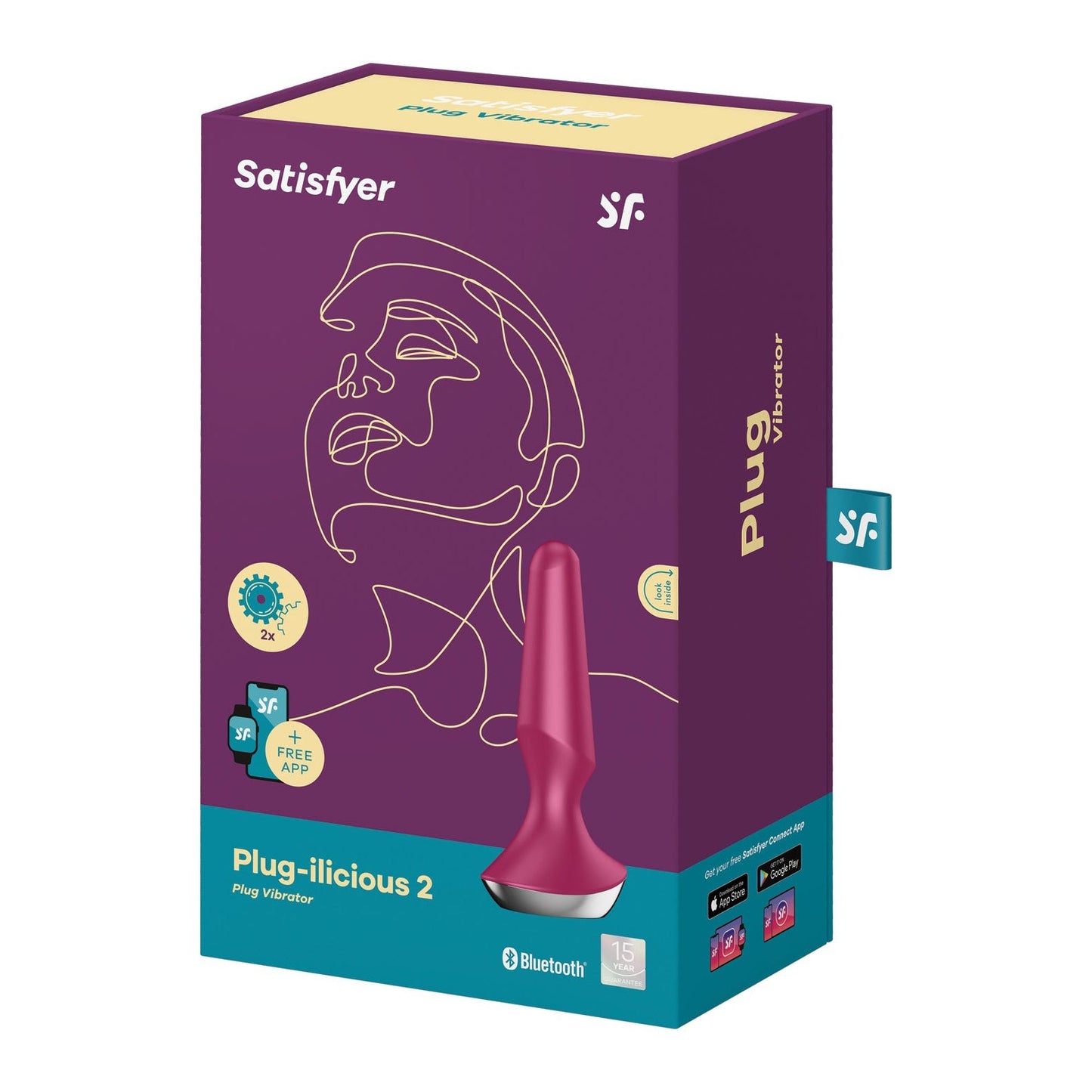 The Satisfyer Plug-ilicious 2, with its abstract face line art design in purple packaging, features a pink plug-shaped device that boasts Bluetooth connectivity and app control. The Satisfyer branding is prominently displayed on this innovative butt plugs box.