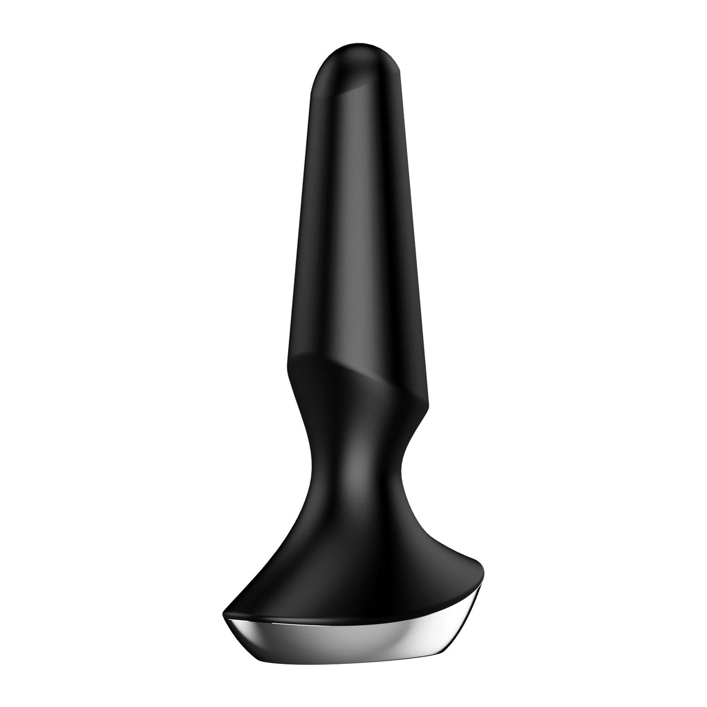 Meet the Satisfyer Plug-ilicious 2 by Satisfyer: a sleek black silicone butt plug featuring a tapered tip and metallic base for comfort. Its smooth surface enhances its elegant curves, while app-controlled vibrations offer heightened pleasure.