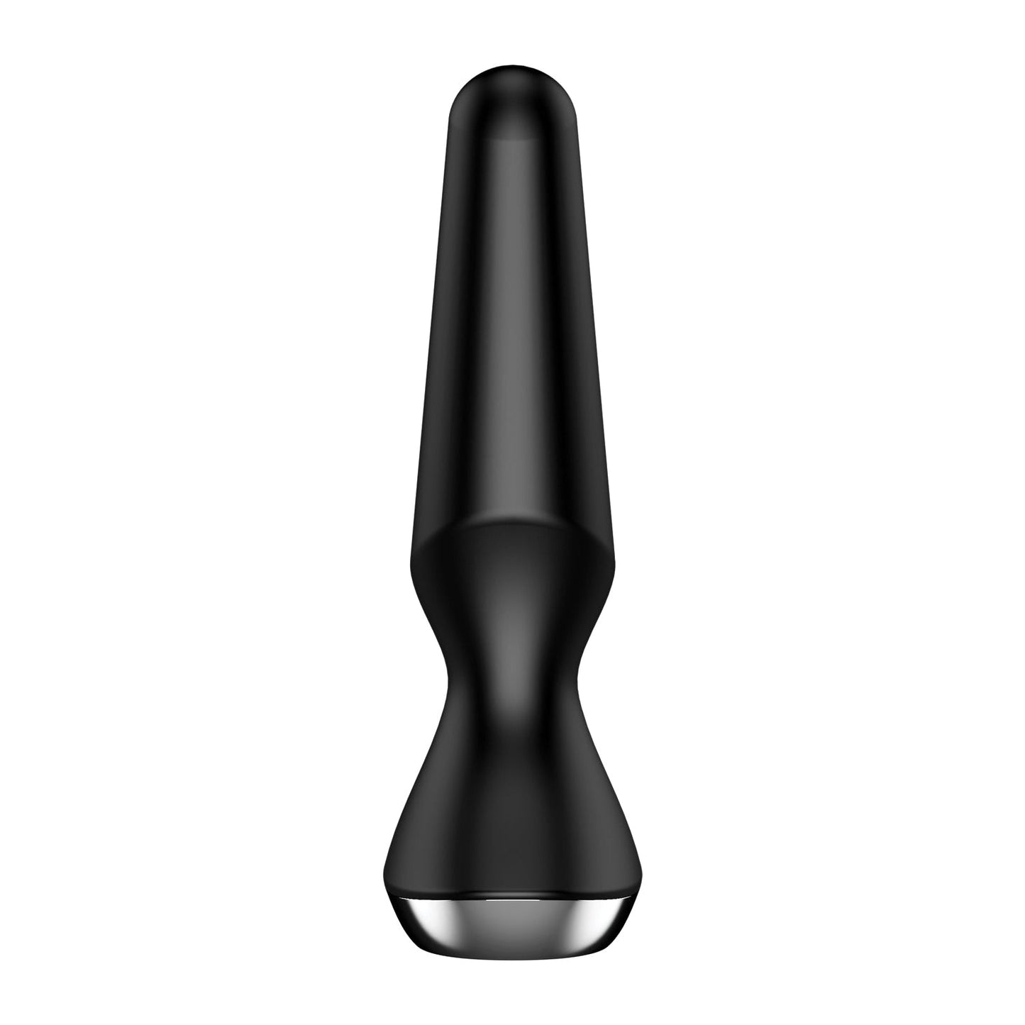 The Satisfyer Plug-ilicious 2 features a sleek, smooth design with a wide base and narrow tip. Its app-controlled functions in elegant black contrast beautifully against a white backdrop.
