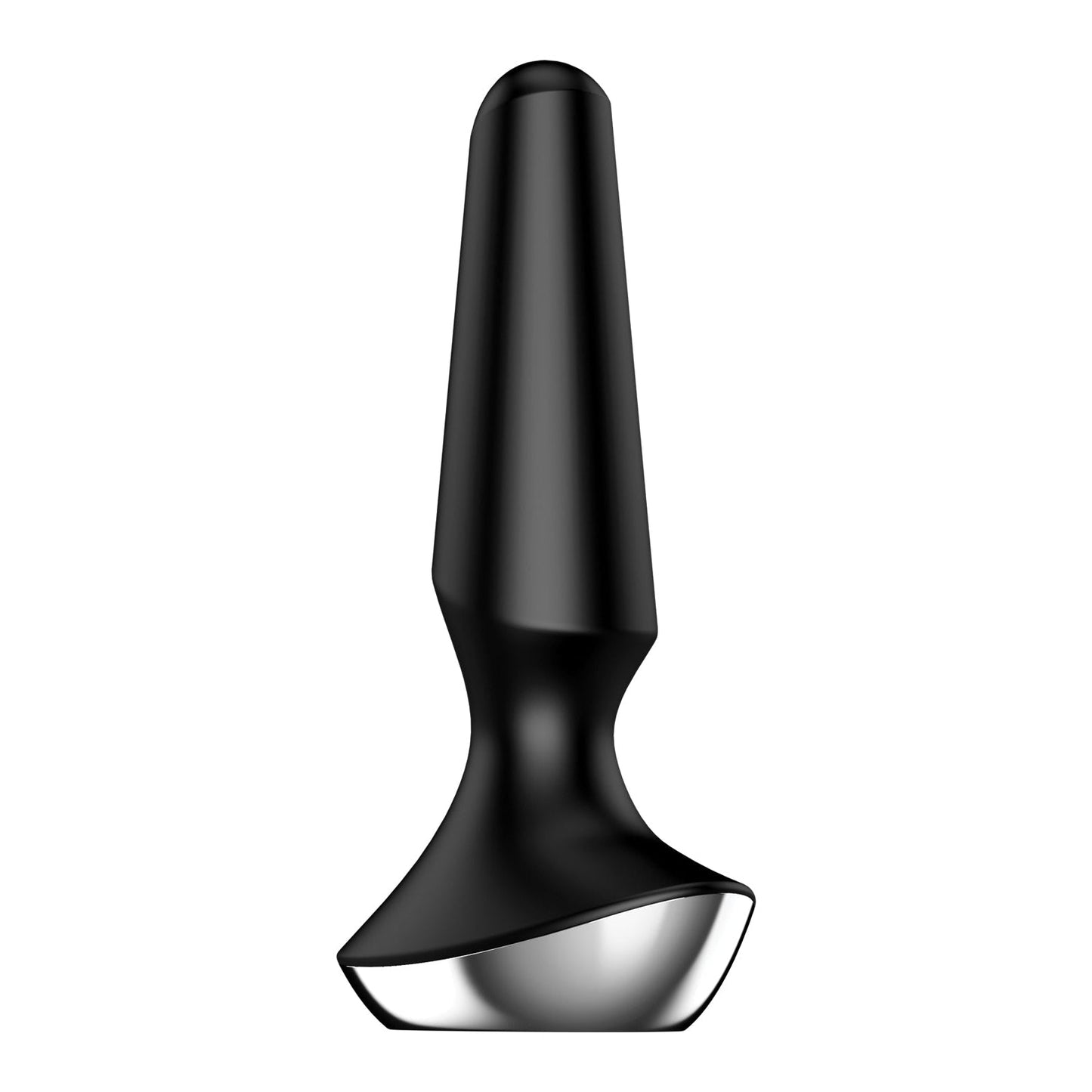 The Satisfyer Plug-ilicious 2 by Satisfyer is a stylish black and silver metal butt plug with a tapered design, offering app-controlled functionality for an enhanced experience.