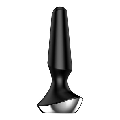 The Satisfyer Plug-ilicious 2 by Satisfyer is a stylish black and silver metal butt plug with a tapered design, offering app-controlled functionality for an enhanced experience.