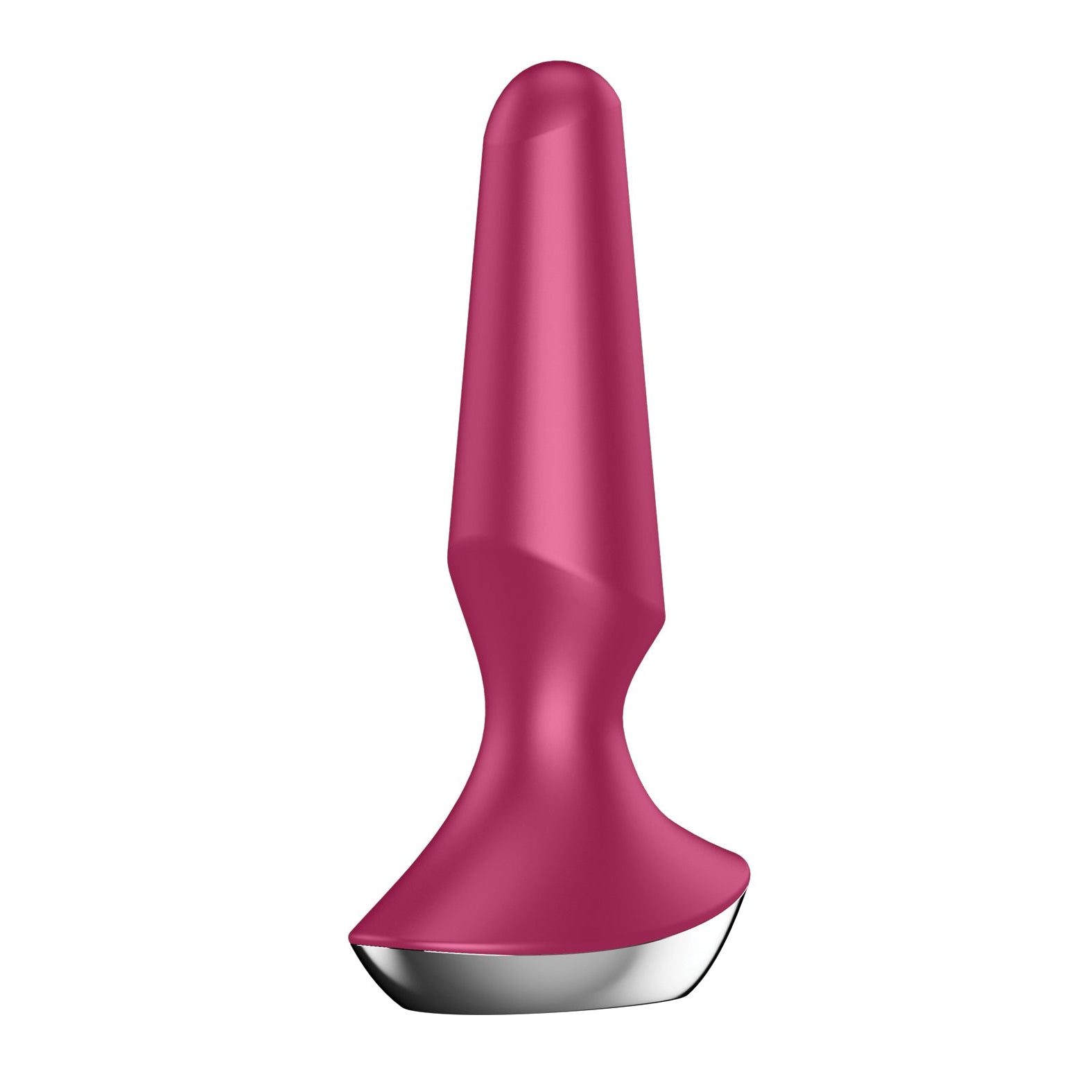The Satisfyer Plug-ilicious 2, by Satisfyer, is a pink, tapered silicone butt plug with a smooth, angled design and sleek silver base. Its modern look is app-controlled and elegantly displayed against a plain white background.