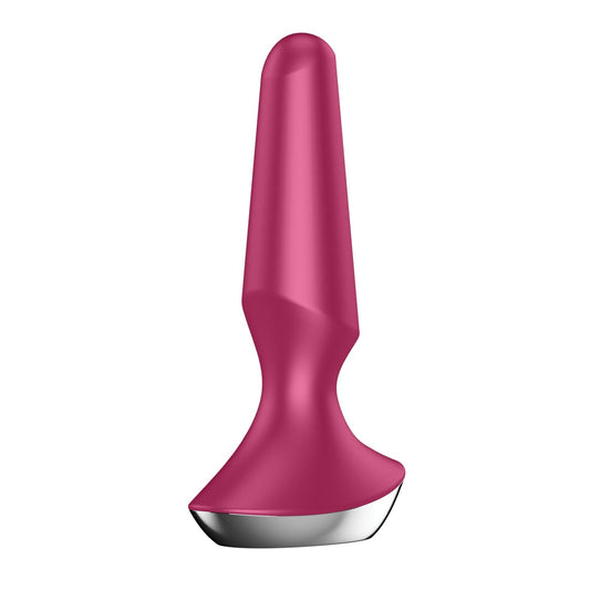 The Satisfyer Plug-ilicious 2, by Satisfyer, is a pink, tapered silicone butt plug with a smooth, angled design and sleek silver base. Its modern look is app-controlled and elegantly displayed against a plain white background.