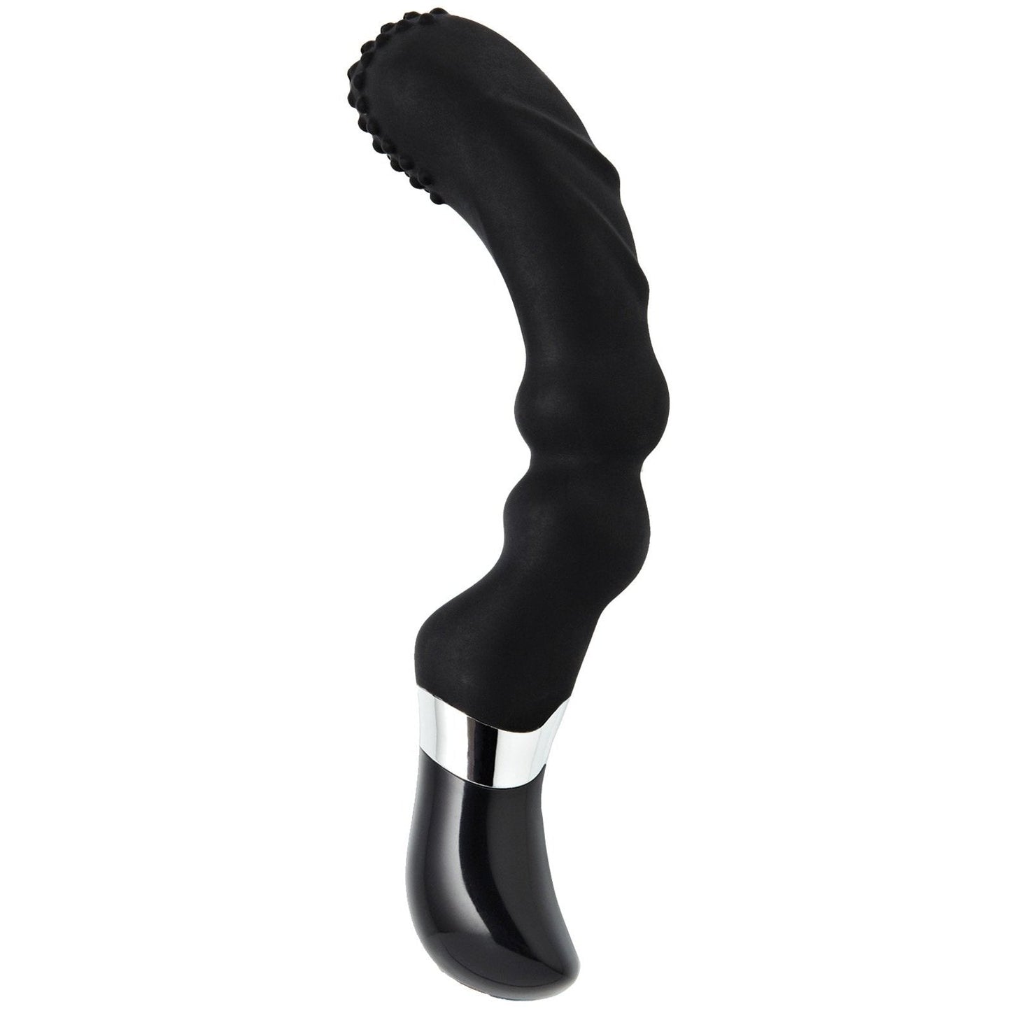 The Sensuelle Homme Rechargeable Prostate Massager, in black with metallic accents, features a wavy shape and textured surface crafted from medical-grade silicone. This ergonomic device has a slightly curved tip for enhanced comfort and precision, making it ideal for personal use.
