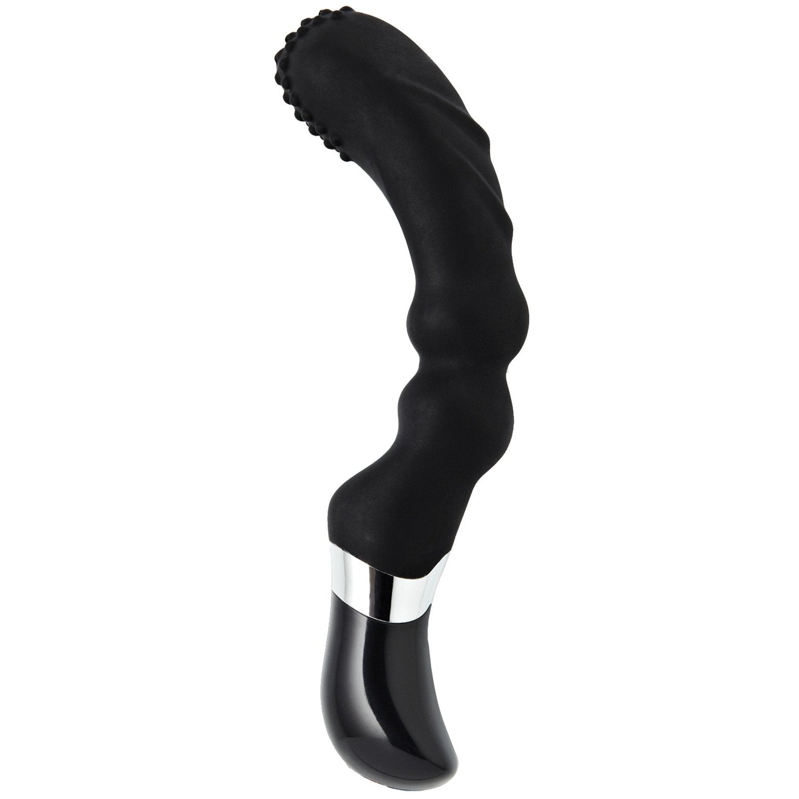 The Sensuelle Homme Rechargeable Prostate Massager, in black with metallic accents, features a wavy shape and textured surface crafted from medical-grade silicone. This ergonomic device has a slightly curved tip for enhanced comfort and precision, making it ideal for personal use.