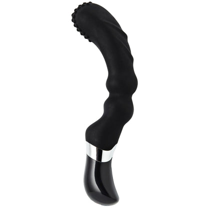 The Sensuelle Homme Rechargeable Prostate Massager, in black with metallic accents, features a wavy shape and textured surface crafted from medical-grade silicone. This ergonomic device has a slightly curved tip for enhanced comfort and precision, making it ideal for personal use.