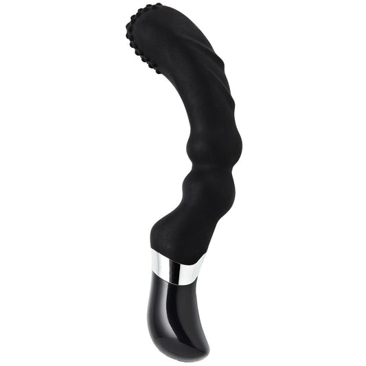 The Sensuelle Homme Rechargeable Prostate Massager, in black with metallic accents, features a wavy shape and textured surface crafted from medical-grade silicone. This ergonomic device has a slightly curved tip for enhanced comfort and precision, making it ideal for personal use.