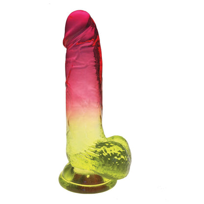 Introducing the Shades Jelly Gradient Gay Dong 8 from Icon Brands: a color-fading dildo with a realistic shape, boasting a pink-to-yellow gradient, crafted from flexible TPR material. Its secure suction cup base enhances functionality and reliable performance in an eye-catching design.