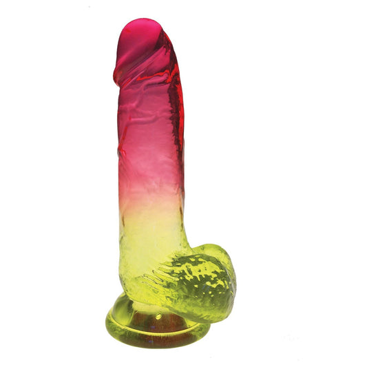 Introducing the Shades Jelly Gradient Gay Dong 8 from Icon Brands: a color-fading dildo with a realistic shape, boasting a pink-to-yellow gradient, crafted from flexible TPR material. Its secure suction cup base enhances functionality and reliable performance in an eye-catching design.