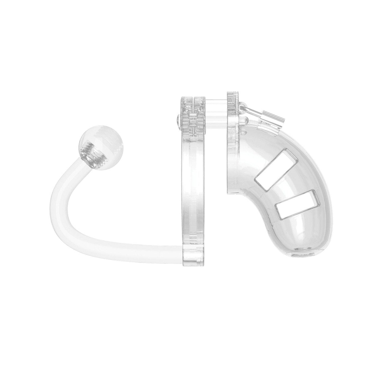 The Shots Man Cage Chastity 3.5 Cock Cage with Plug Model 10 by Adams Toy Box features a transparent, ergonomic design with a secure lock, perfect for BDSM play. It includes an attached ring and curved tube for an ideal fit.