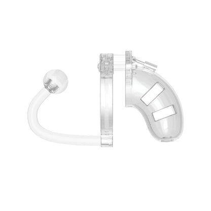 The Shots Man Cage Chastity 3.5 Cock Cage with Plug Model 10 by Adams Toy Box features a transparent, ergonomic design with a secure lock, perfect for BDSM play. It includes an attached ring and curved tube for an ideal fit.