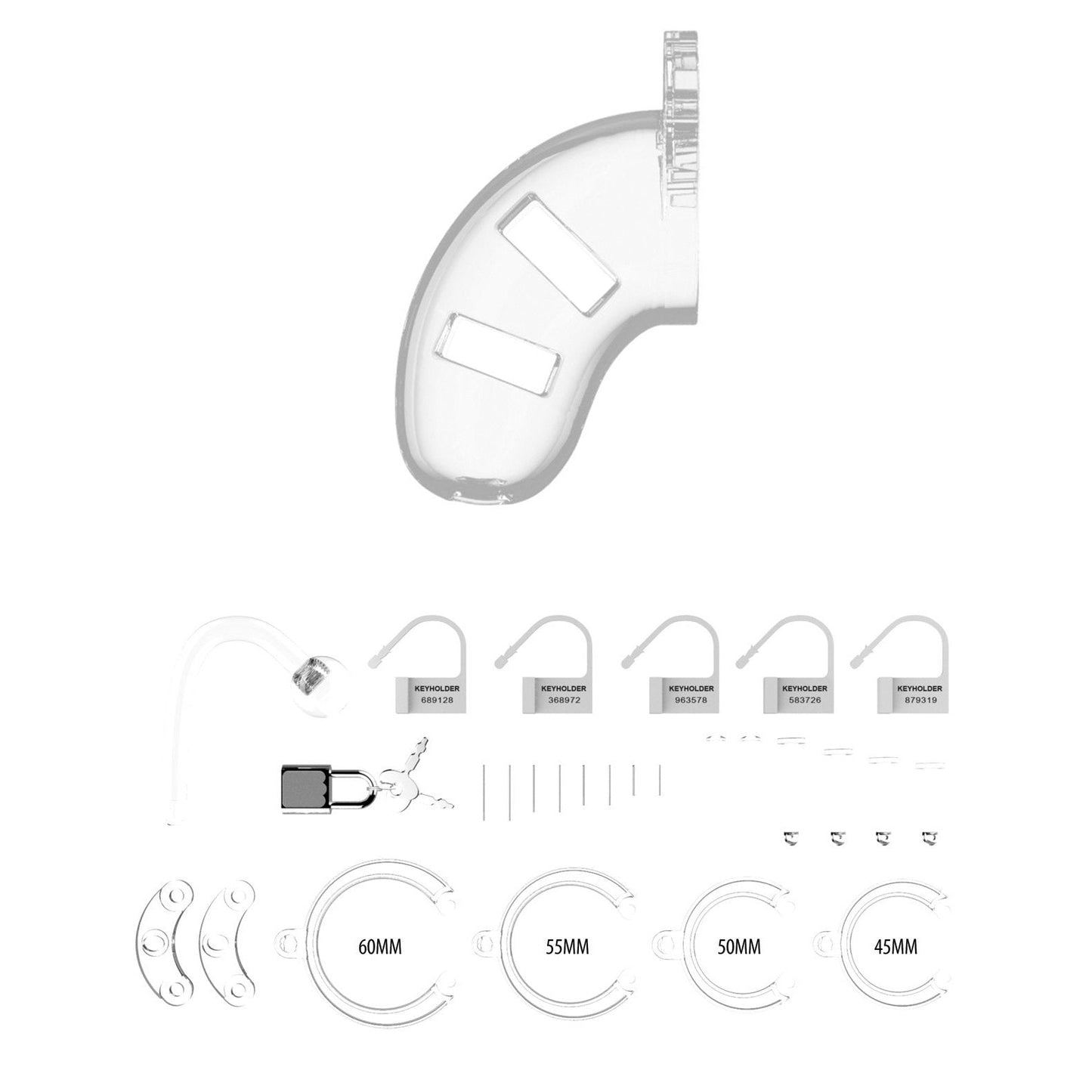 The Shots Man Cage Chastity 3.5 Cock Cage with Plug Model 10 by Adams Toy Box is a transparent cage ideal for BDSM play, featuring multiple rings, padlocks, keys, and spacers elegantly displayed below.
