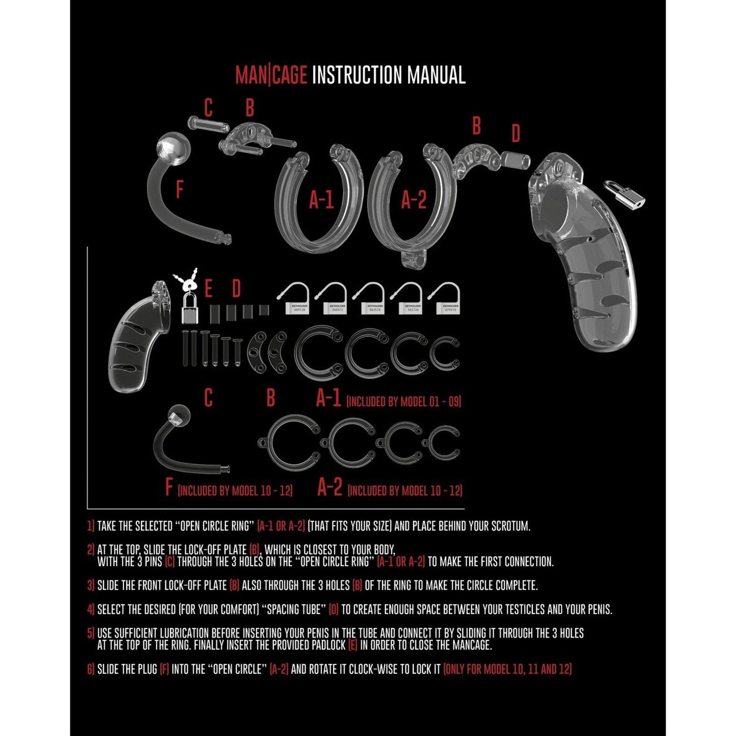 Image of the Shots Man Cage Chastity 3.5 Cock Cage with Plug Model 10 by Adams Toy Box. Parts labeled A-F for BDSM play include rings, spacers, and locks. The manual numerically guides assembly and fitting. Background features black with white and red text.