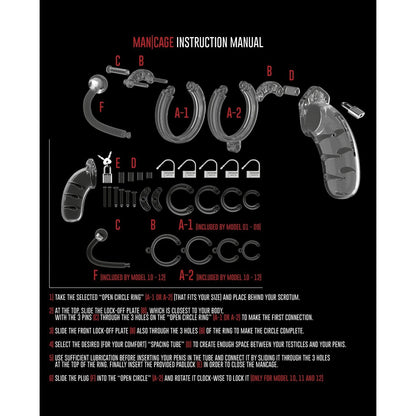 Image of the Shots Man Cage Chastity 3.5 Cock Cage with Plug Model 10 by Adams Toy Box. Parts labeled A-F for BDSM play include rings, spacers, and locks. The manual numerically guides assembly and fitting. Background features black with white and red text.