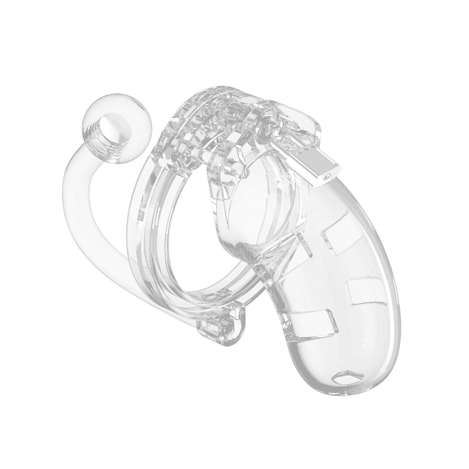 The Shots Man Cage Chastity 3.5 Cock Cage with Plug Model 10 by Adams Toy Box features a transparent plastic design with a curved hook and elongated chamber, designed to be worn around the ear like a discreet BDSM accessory.