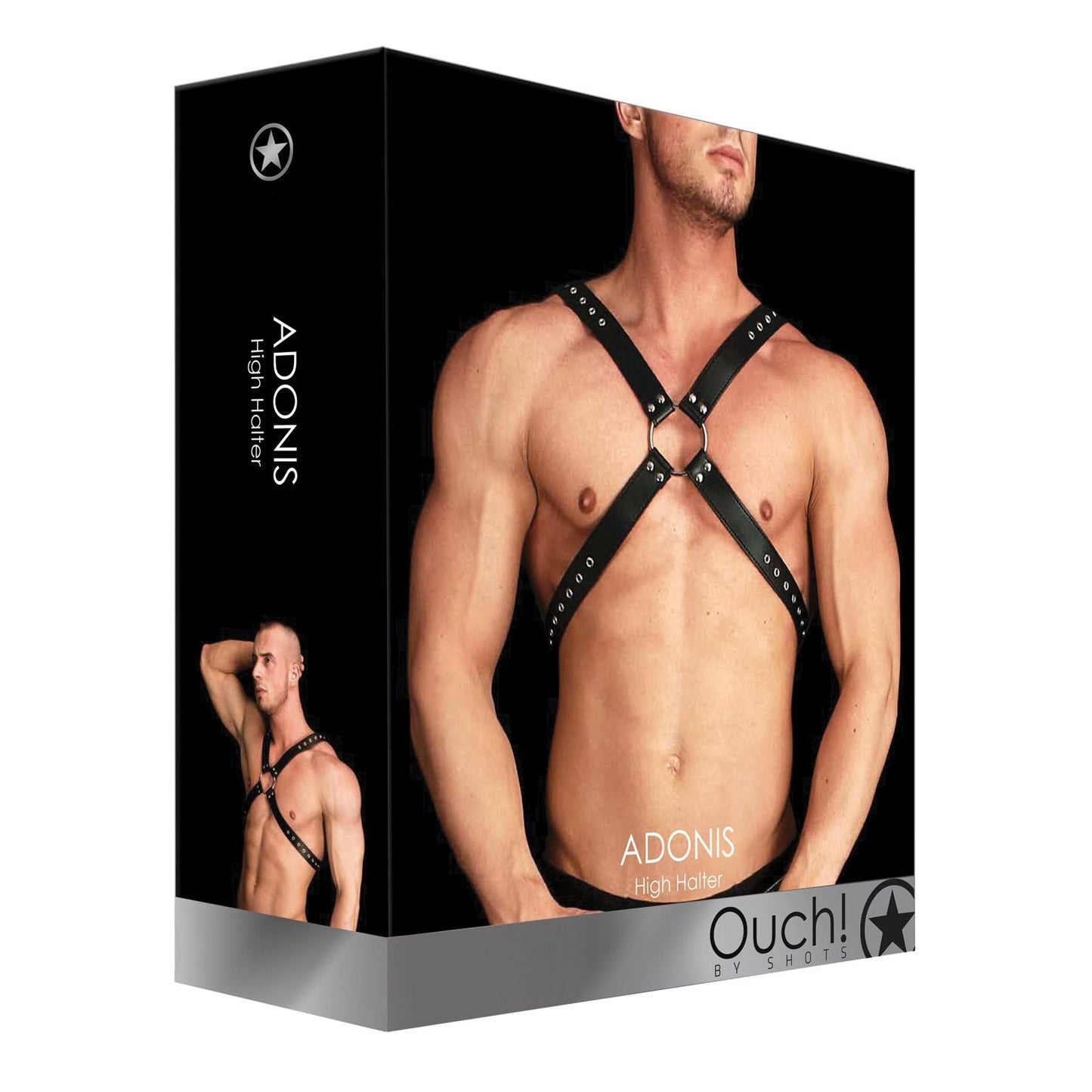 The box features an image of a man in a black bonded leather harness with prominent O-rings. It is labeled Shots Ouch Adonis High Halter with the brand Adams Toy Box elegantly displayed at the bottom.