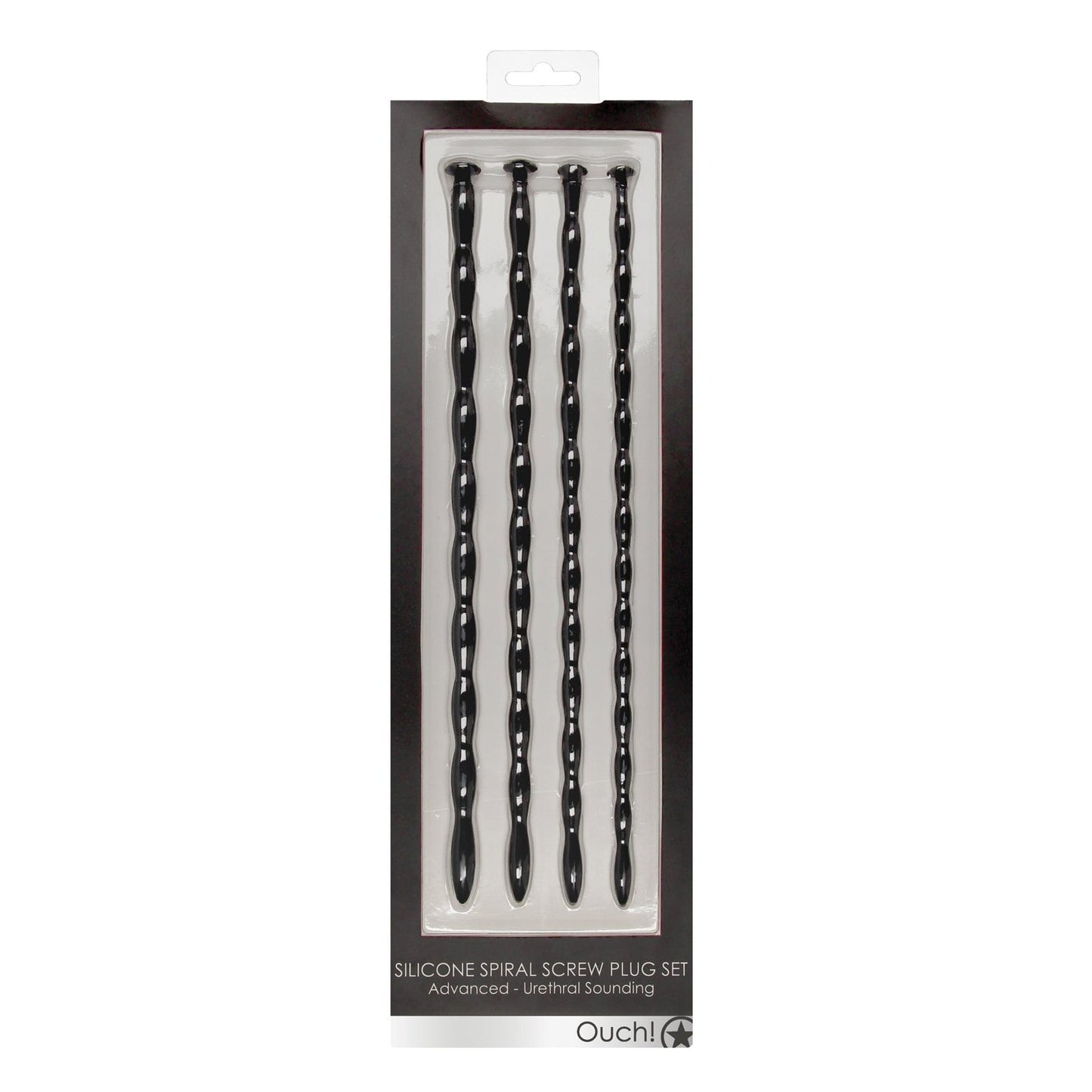 A package of five black, twisted silicone spiral plugs labeled Shots Ouch Advanced Urethral Sounding Silicone Spiral Plug Set by Adams Toy Box, designed for exploring urethral sounding.