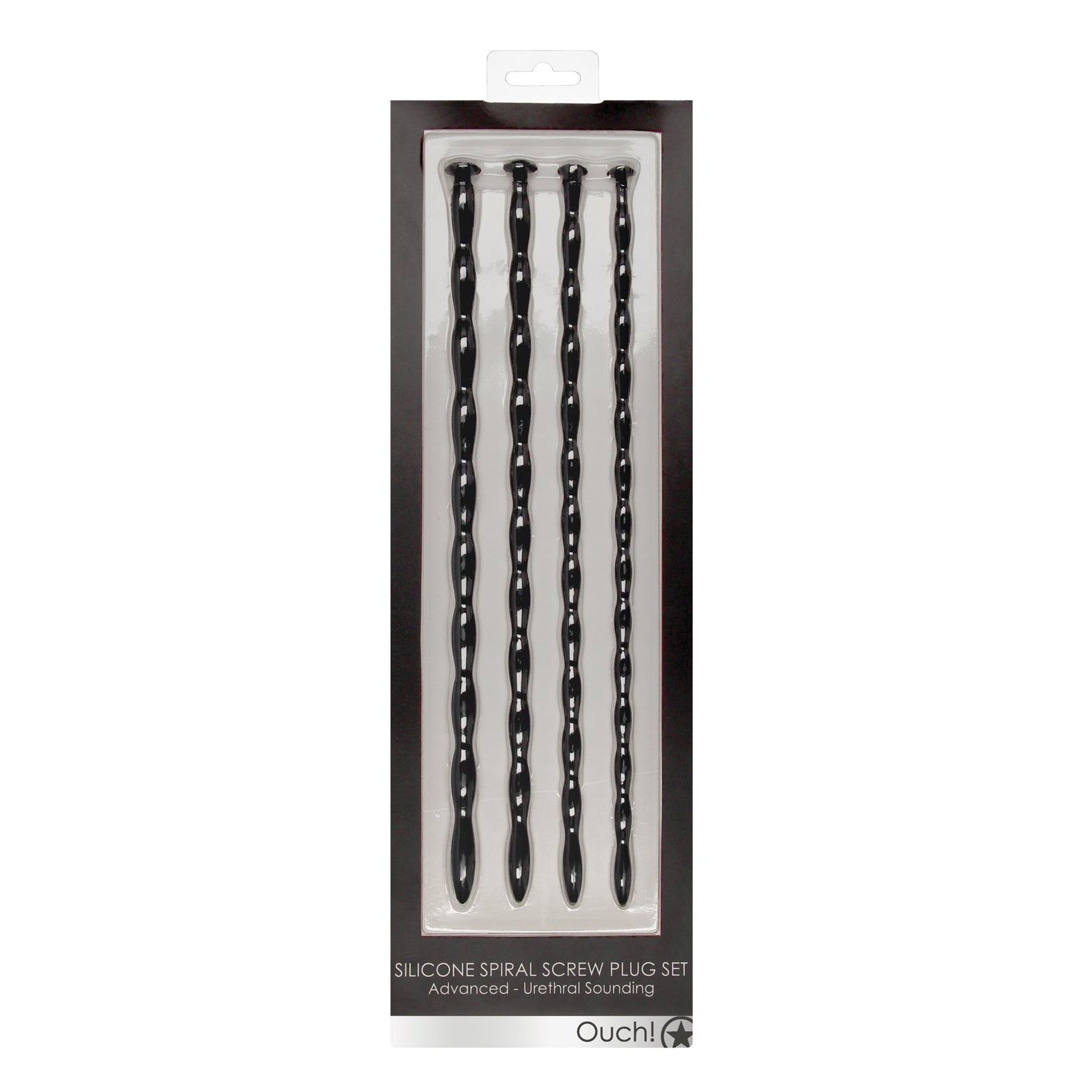A package of five black, twisted silicone spiral plugs labeled Shots Ouch Advanced Urethral Sounding Silicone Spiral Plug Set by Adams Toy Box, designed for exploring urethral sounding.