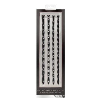 A package of five black, twisted silicone spiral plugs labeled Shots Ouch Advanced Urethral Sounding Silicone Spiral Plug Set by Adams Toy Box, designed for exploring urethral sounding.