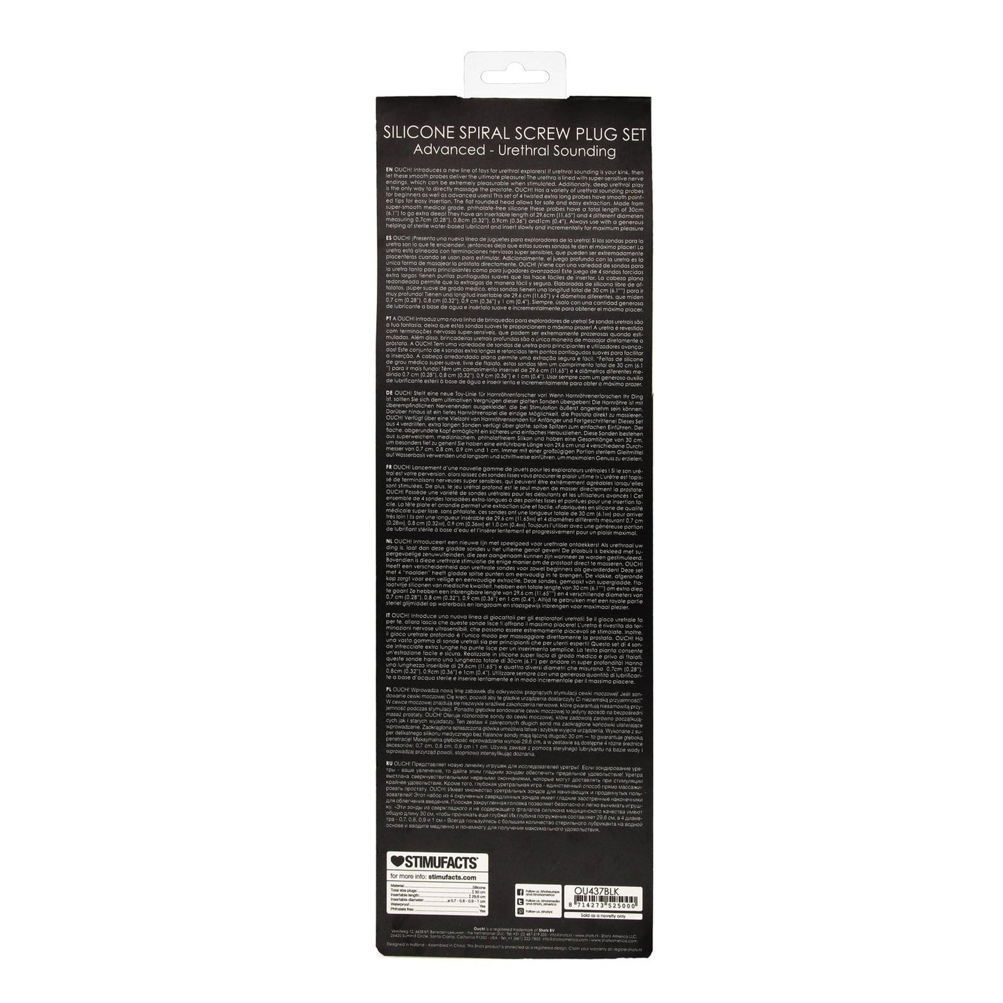 The black packaging of the Shots Ouch Advanced Urethral Sounding Silicone Spiral Plug Set from Adams Toy Box features white text detailing the versatility and benefits. A small logo and barcode are at the bottom for easy scanning.