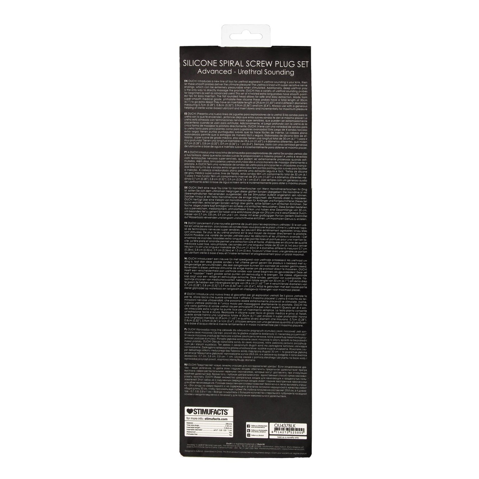 The black packaging of the Shots Ouch Advanced Urethral Sounding Silicone Spiral Plug Set from Adams Toy Box features white text detailing the versatility and benefits. A small logo and barcode are at the bottom for easy scanning.