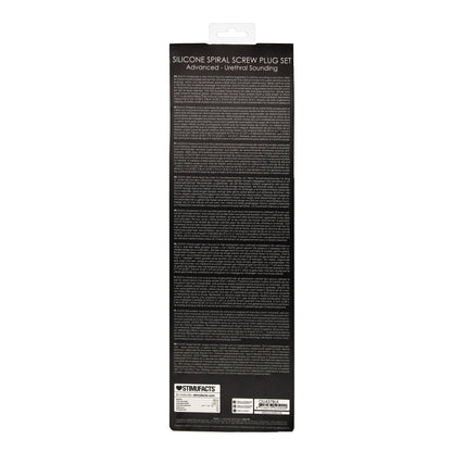 The black packaging of the Shots Ouch Advanced Urethral Sounding Silicone Spiral Plug Set from Adams Toy Box features white text detailing the versatility and benefits. A small logo and barcode are at the bottom for easy scanning.